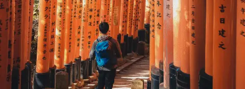 Voyage au Japon en famille : enfant marchant sous les torii du sanctuaire Fushimi Inari à Kyoto